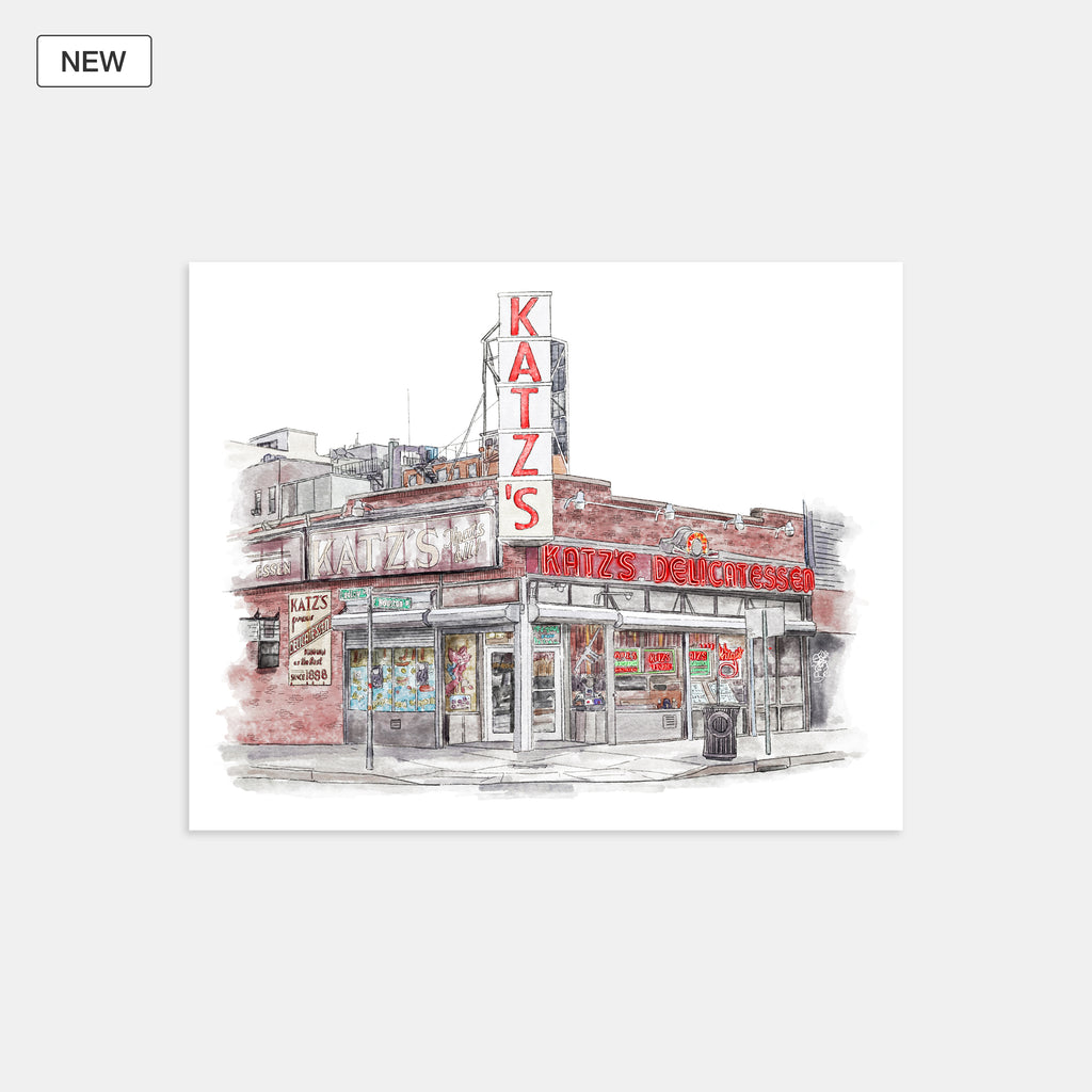 Katz's Deli, New York City, Lower outlet East Side Storefront Building Illustration Wall Art NYC Print Ludlow Street