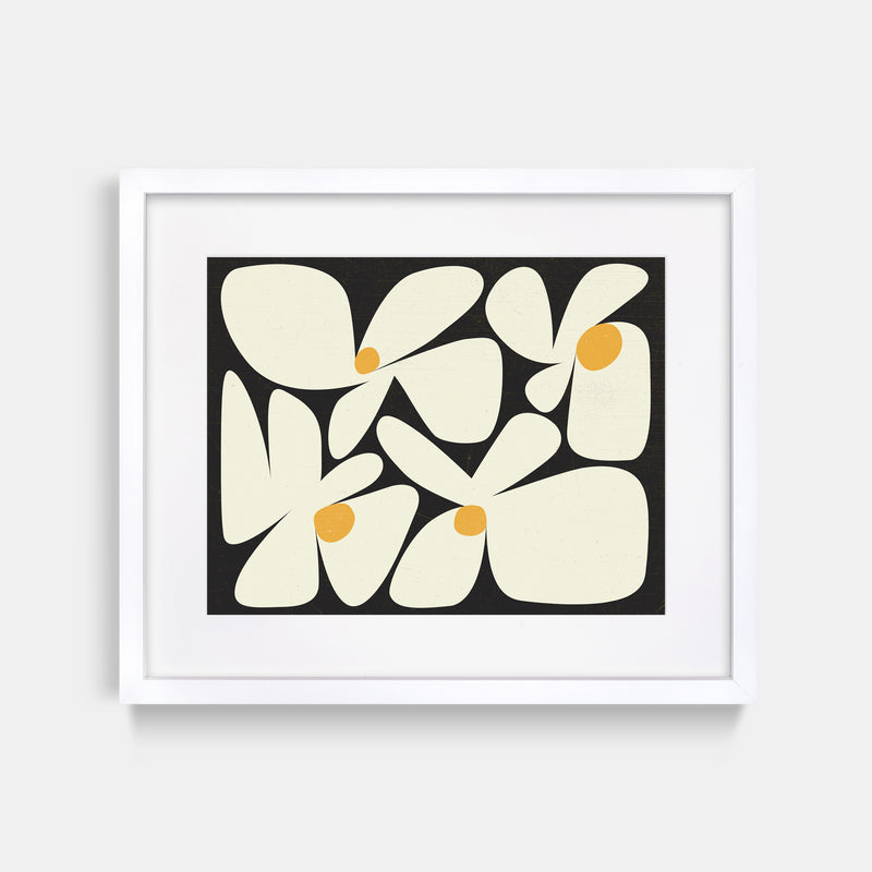 Flowers Black Yellow Abstract Art Print White Frame