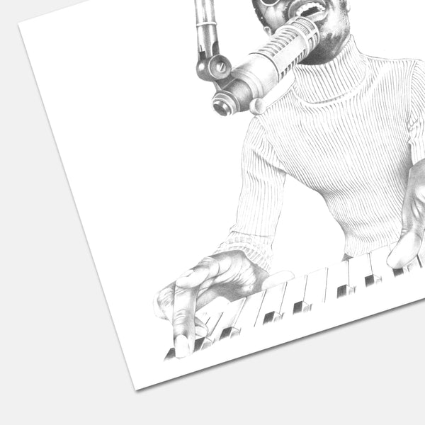Stevie Wonder Hand Drawn Illustration in Recording Studio Print Detail