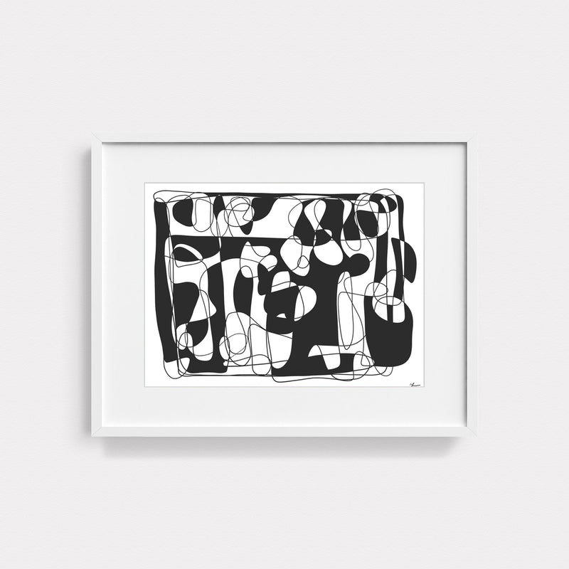 Abstract art line drawing illustration print by Yada Studio with white frame